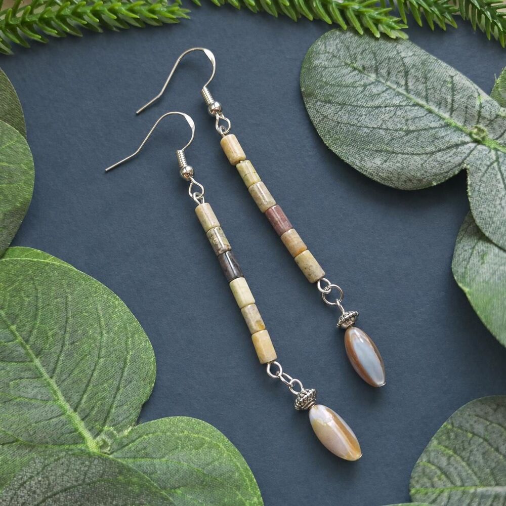 Silver Leaf Jasper & Sea Shell Long Dangle Earrings